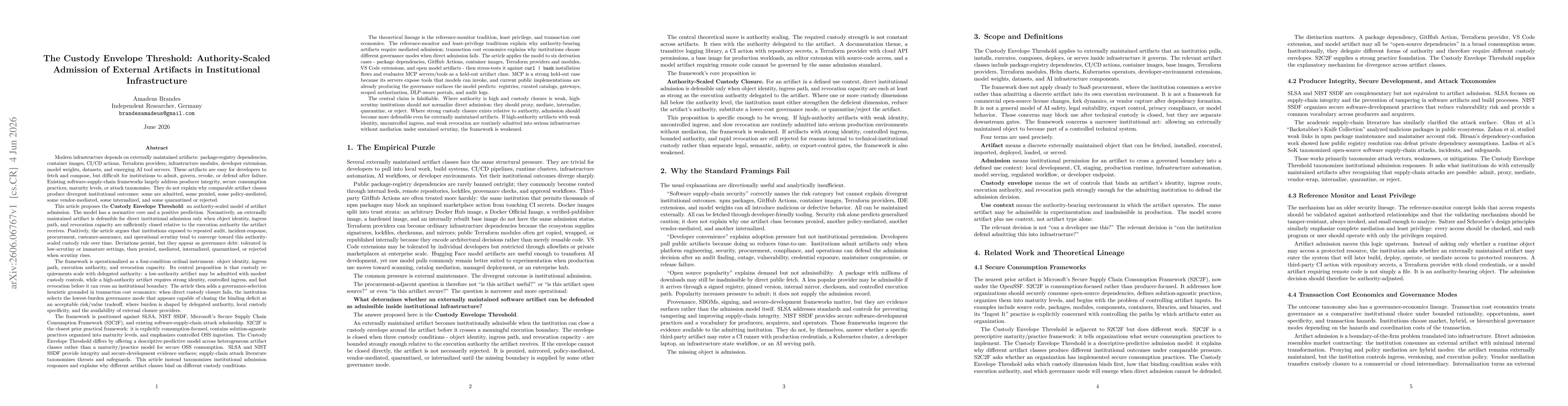 Thumbnail for The Custody Envelope Threshold: Authority-Scaled Admission of External Artifacts in Institutional Infrastructure
