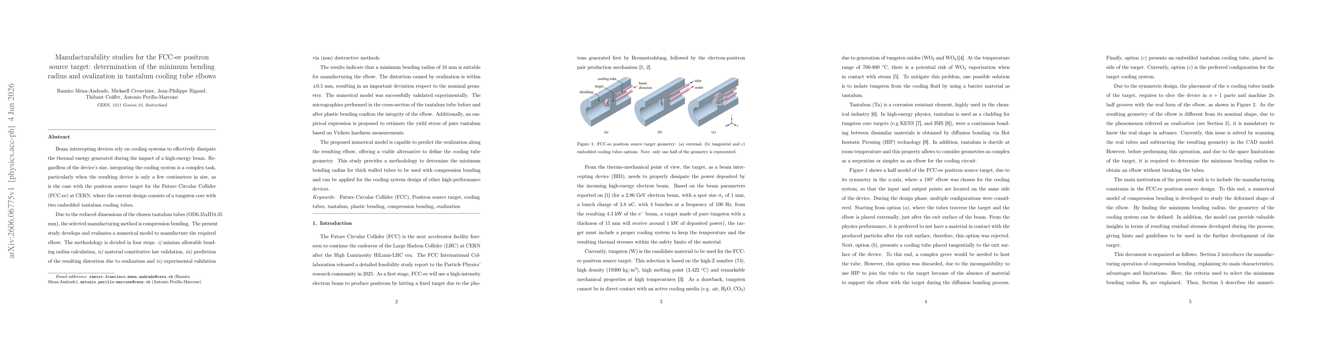 Thumbnail for Manufacturability studies for the FCC-ee positron source target: determination of the minimum bending radius and ovalization in tantalum cooling tube elbows