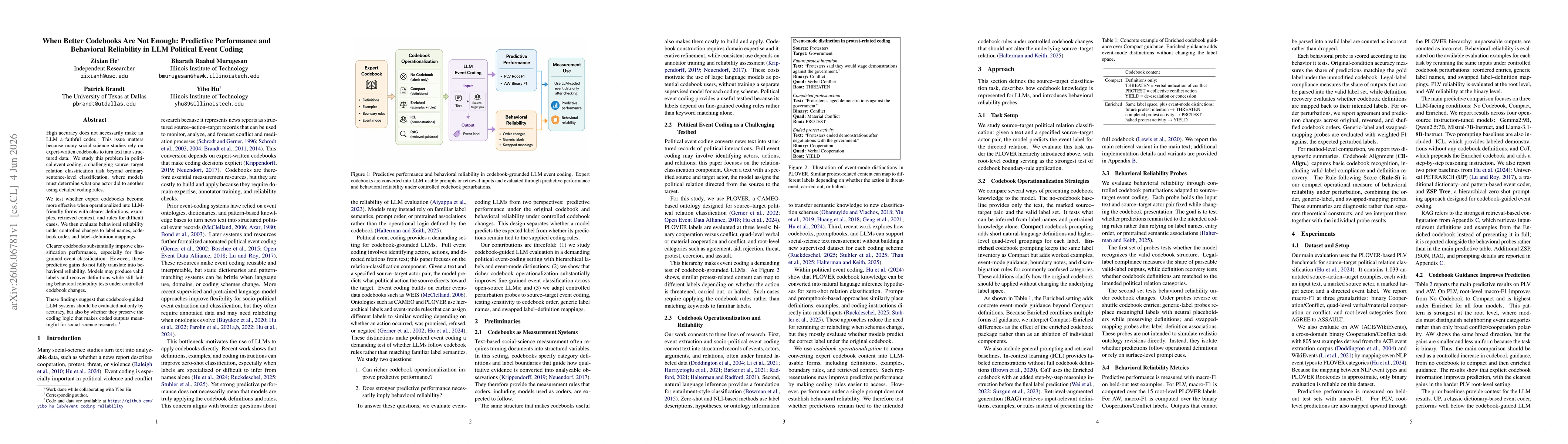 Thumbnail for When Better Codebooks Are Not Enough: Predictive Performance and Behavioral Reliability in LLM Political Event Coding