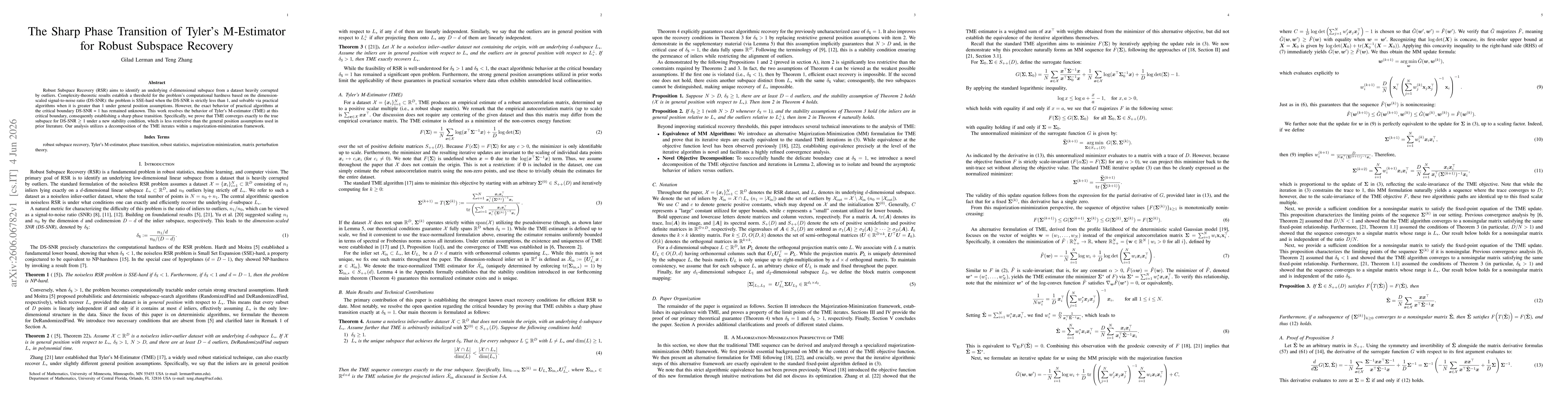 Thumbnail for The Sharp Phase Transition of Tyler's M-Estimator for Robust Subspace Recovery