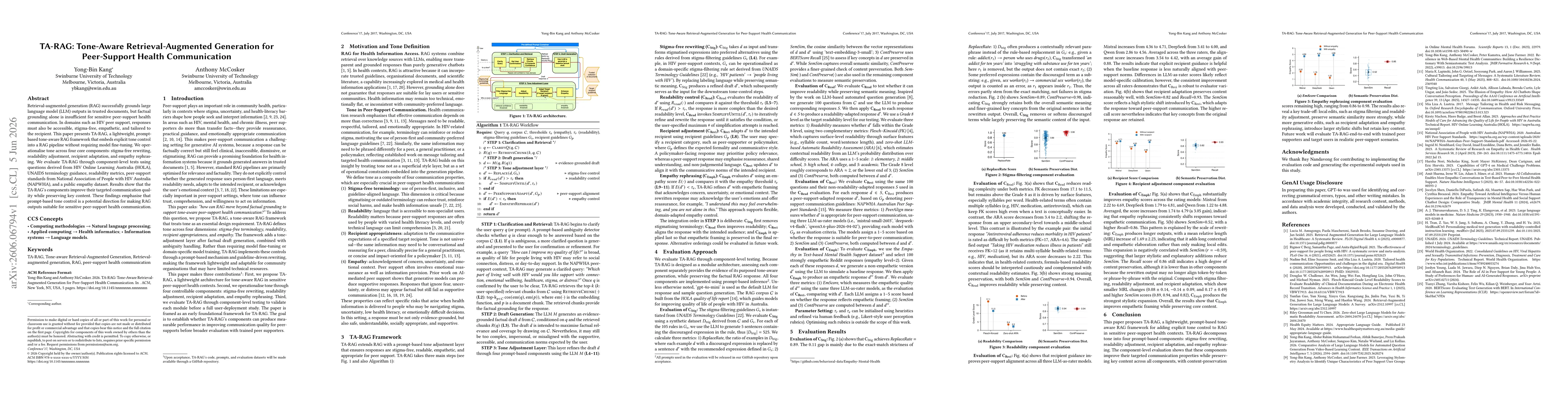 Thumbnail for TA-RAG: Tone-Aware Retrieval-Augmented Generation for Peer-Support Health Communication