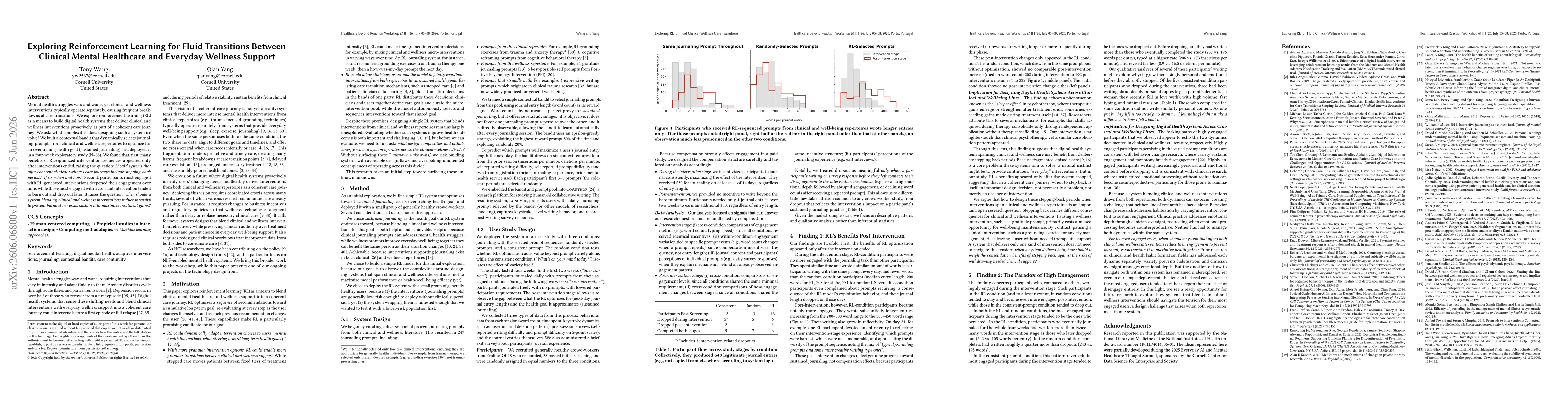 Thumbnail for Exploring Reinforcement Learning for Fluid Transitions Between Clinical Mental Healthcare and Everyday Wellness Support