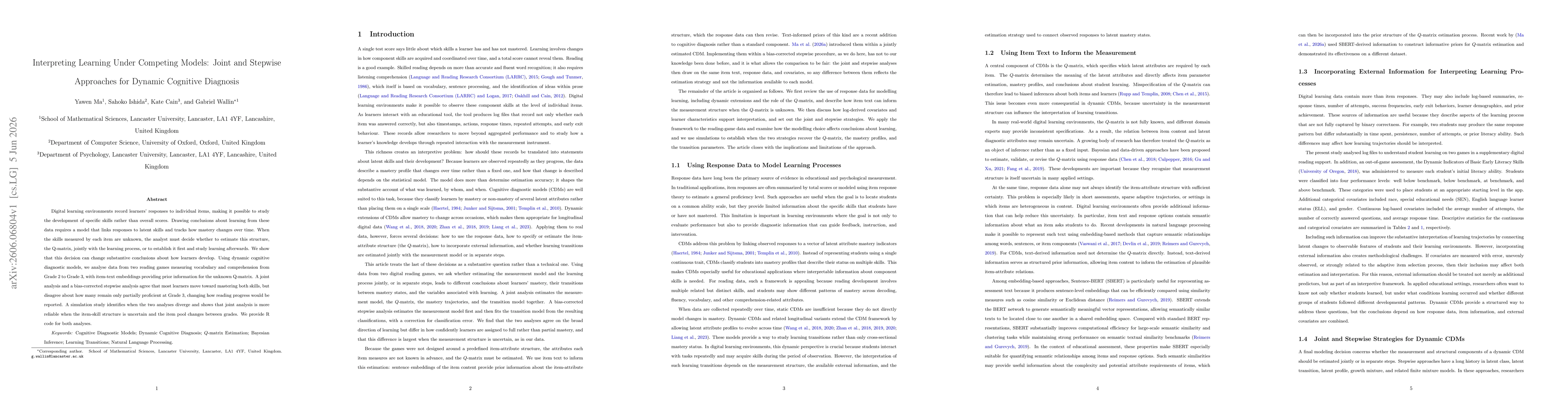 Thumbnail for Interpreting Learning Under Competing Models: Joint and Stepwise Approaches for Dynamic Cognitive Diagnosis