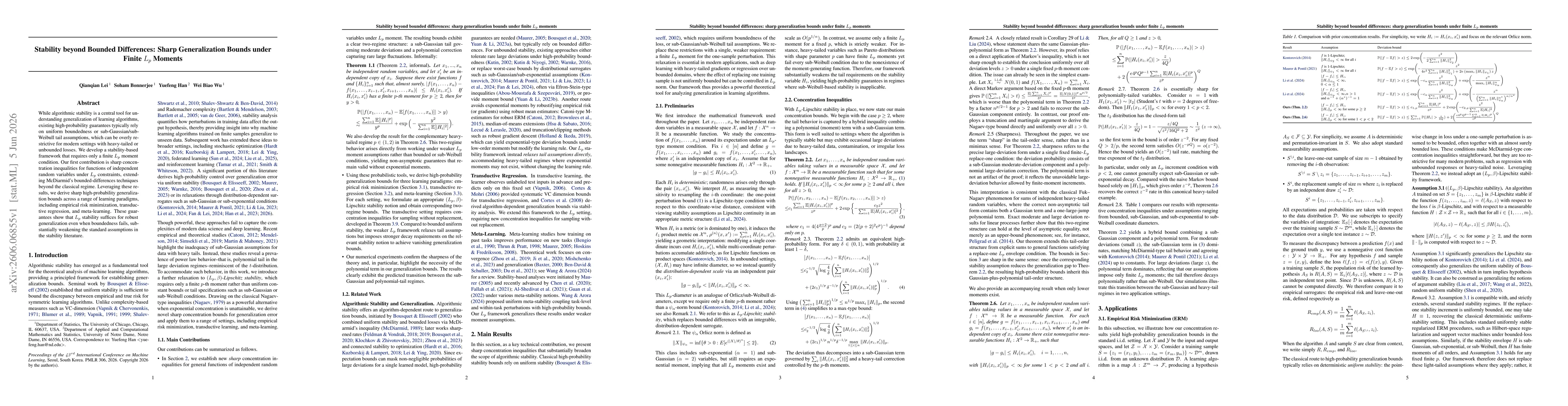 Thumbnail for Stability beyond Bounded Differences: Sharp Generalization Bounds under Finite $L_p$ Moments