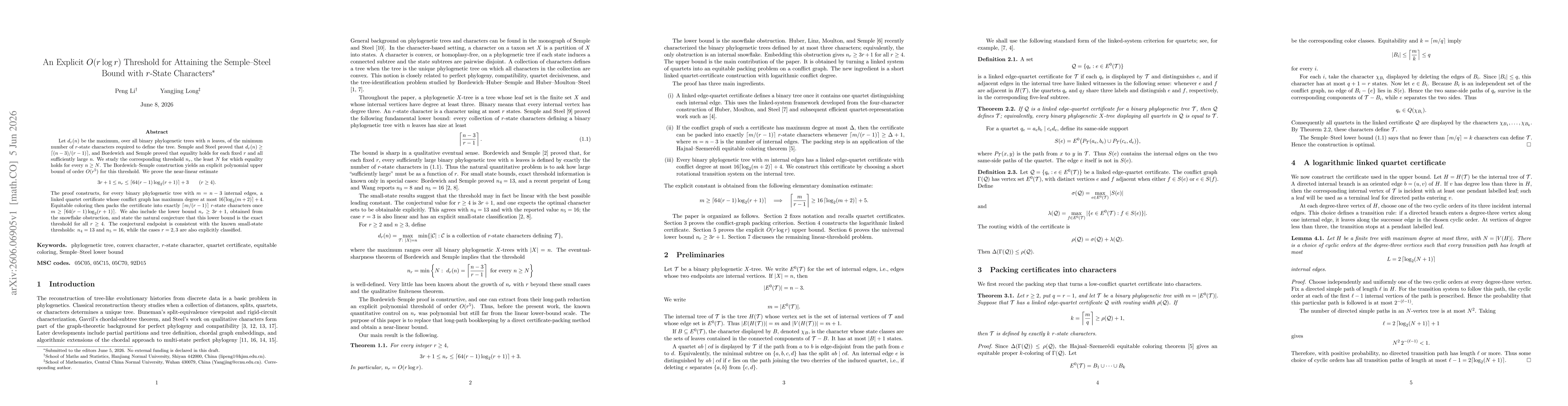 Thumbnail for An Explicit $O(r\log r)$ Threshold for Attaining the Semple--Steel Bound with $r$-State Characters