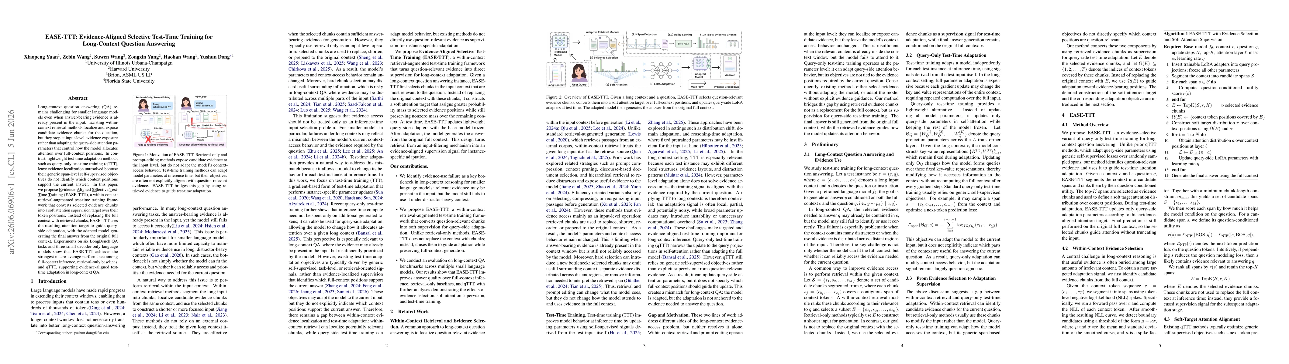 Thumbnail for EASE-TTT: Evidence-Aligned Selective Test-Time Training for Long-Context Question Answering