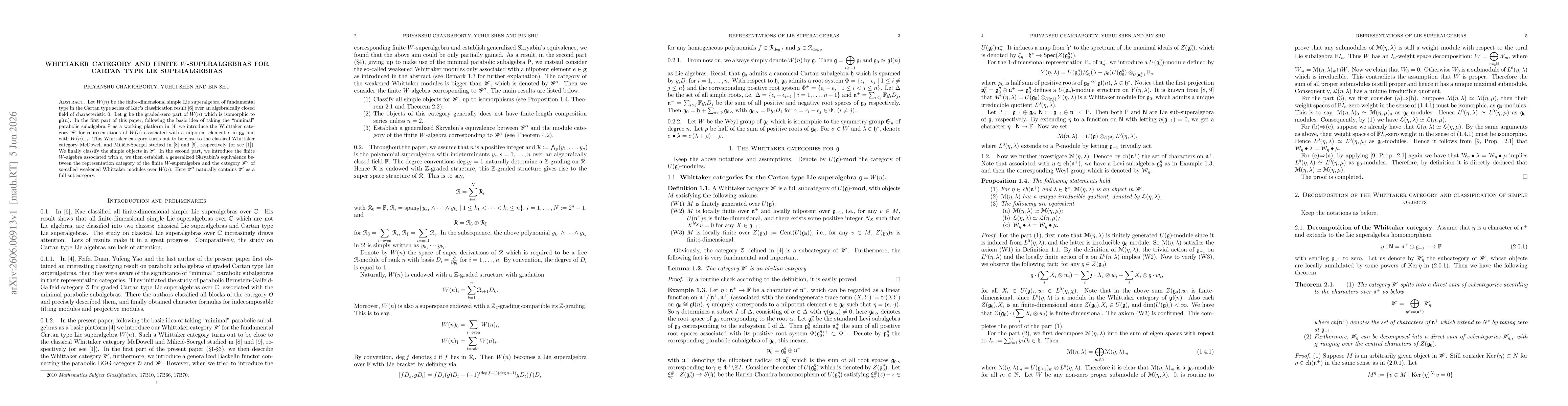 Thumbnail for Whittaker Category and Finite W-superalgebras for Cartan Type Lie Superalgebras