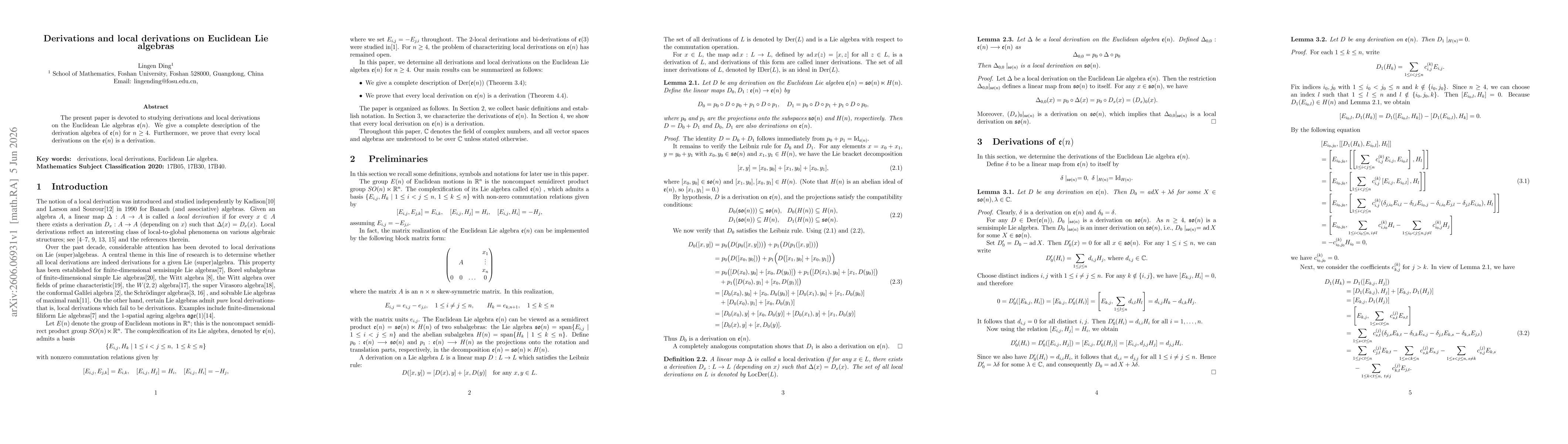 Thumbnail for Derivations and local derivations on Euclidean Lie algebras