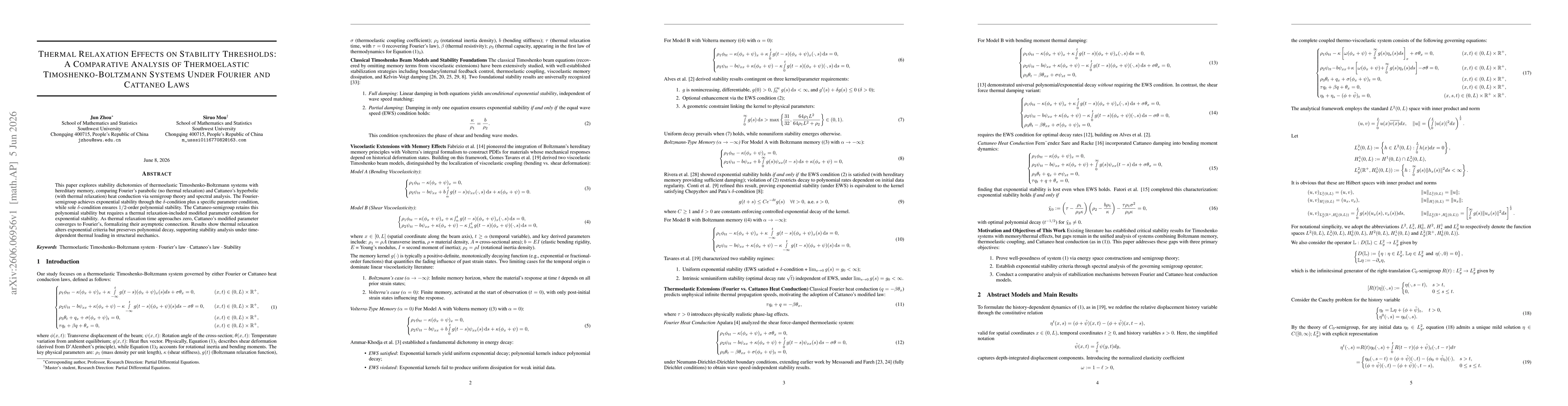 Thumbnail for Thermal Relaxation Effects on Stability Thresholds: A Comparative Analysis of Thermoelastic Timoshenko-Boltzmann Systems Under Fourier and Cattaneo Laws