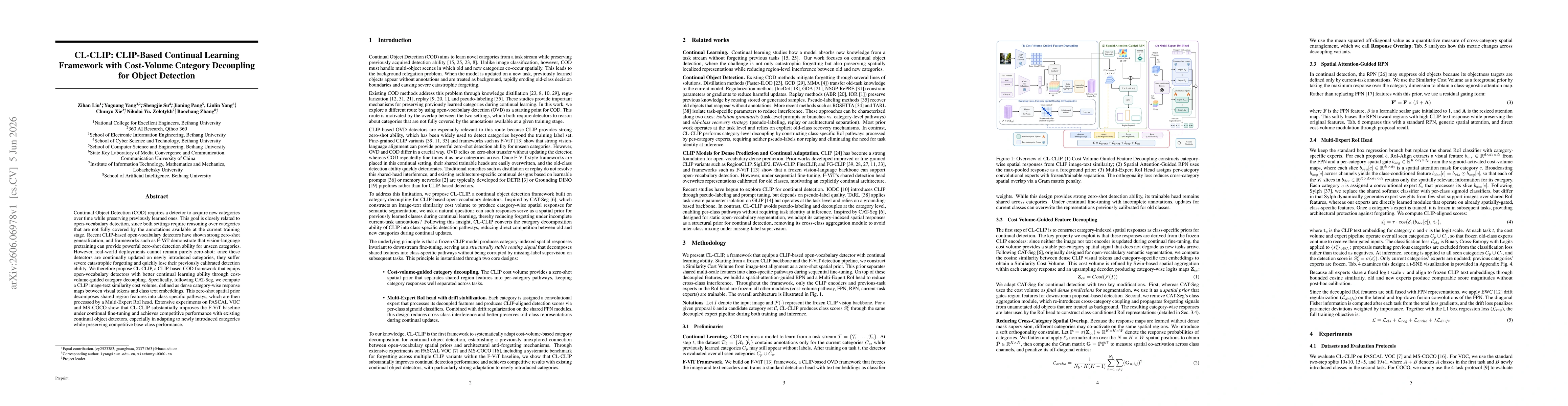 Thumbnail for CL-CLIP: CLIP-Based Continual Learning Framework with Cost-Volume Category Decoupling for Object Detection