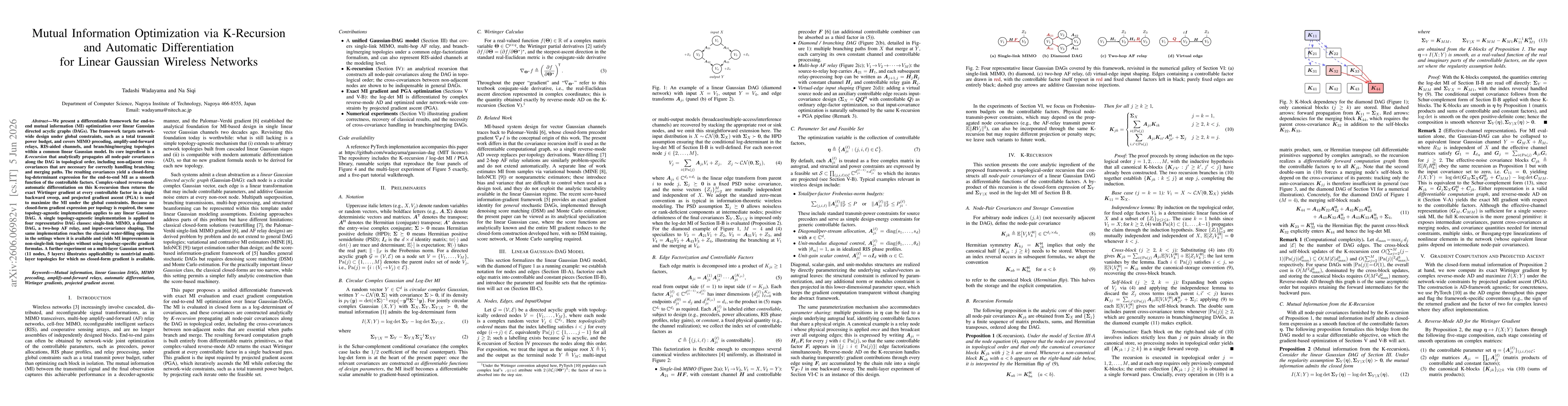 Thumbnail for Mutual Information Optimization via K-Recursion and Automatic Differentiation for Linear Gaussian Wireless Networks