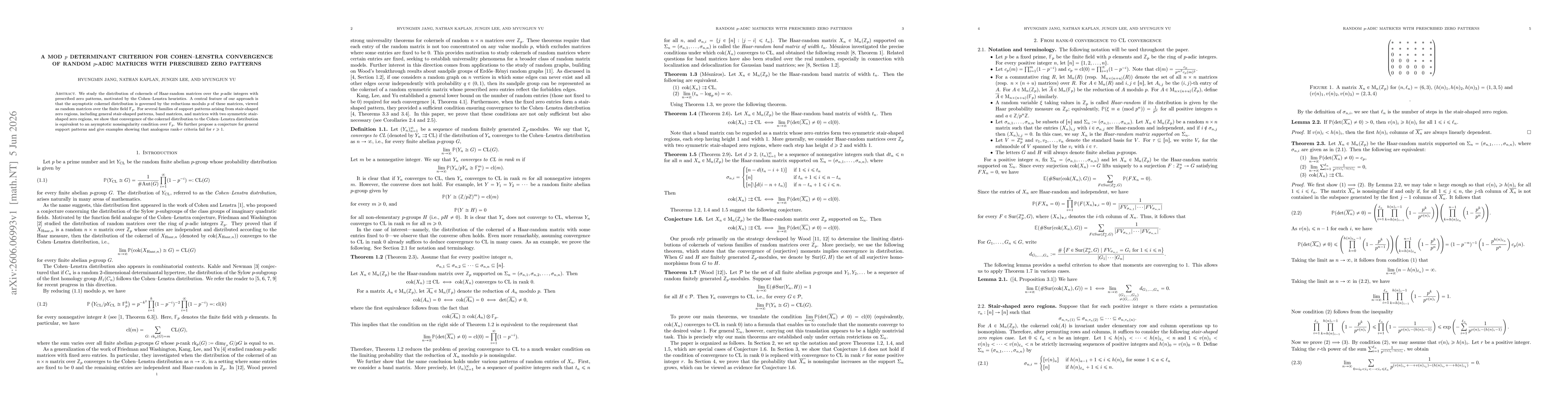 Thumbnail for A mod $p$ determinant criterion for Cohen--Lenstra convergence of random $p$-adic matrices with prescribed zero patterns