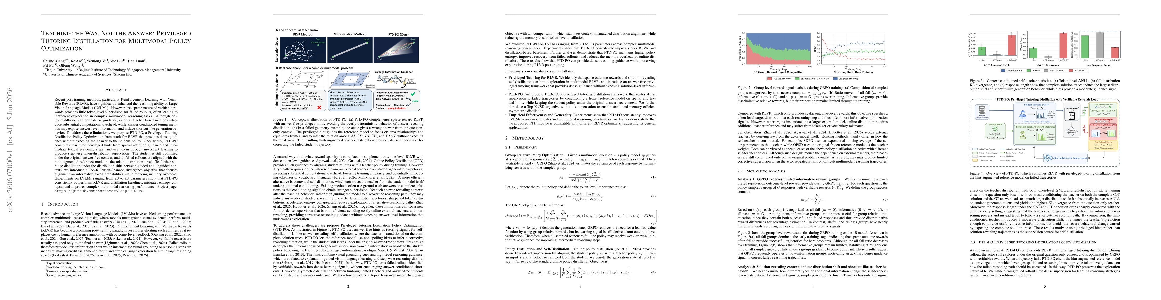 Thumbnail for Teaching the Way, Not the Answer: Privileged Tutoring Distillation for Multimodal Policy Optimization