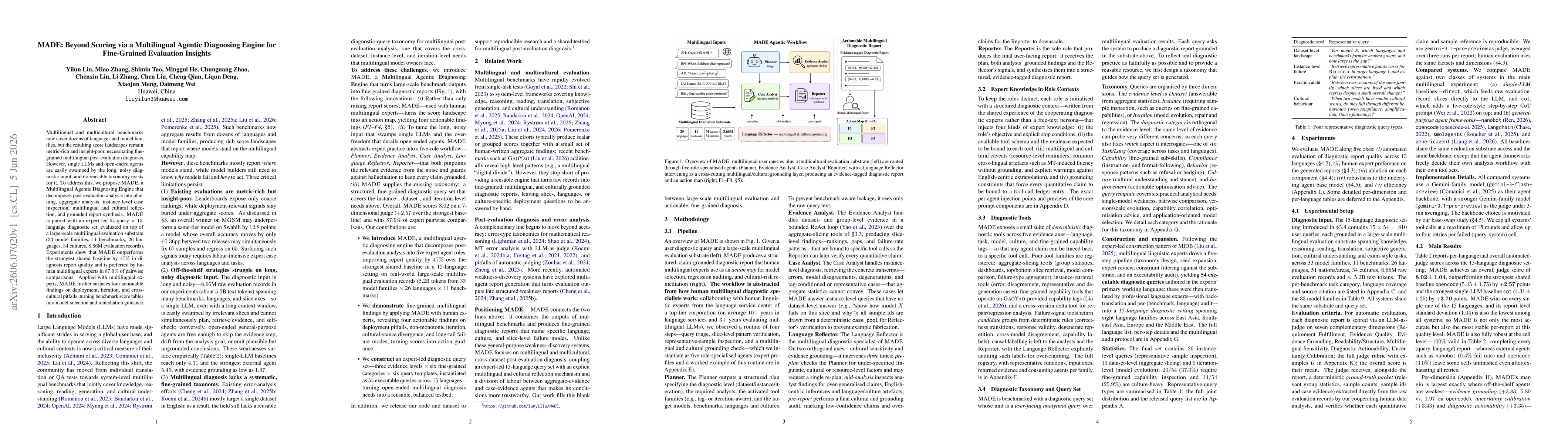 Thumbnail for MADE: Beyond Scoring via a Multilingual Agentic Diagnosing Engine for Fine-Grained Evaluation Insights
