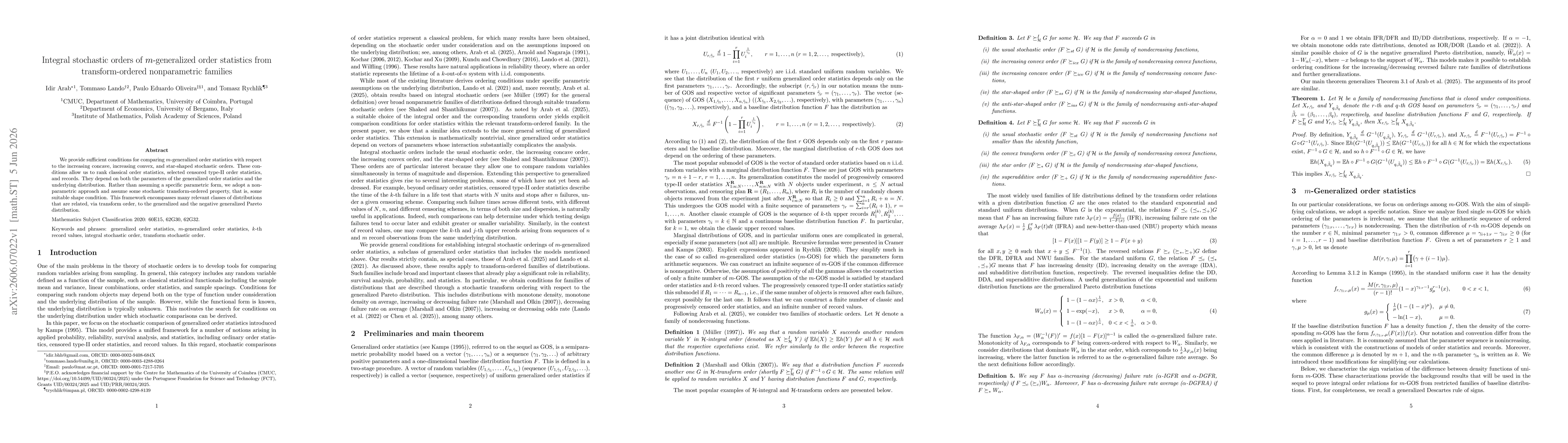 Thumbnail for Integral stochastic orders of $m$-generalized order statistics from transform-ordered nonparametric families