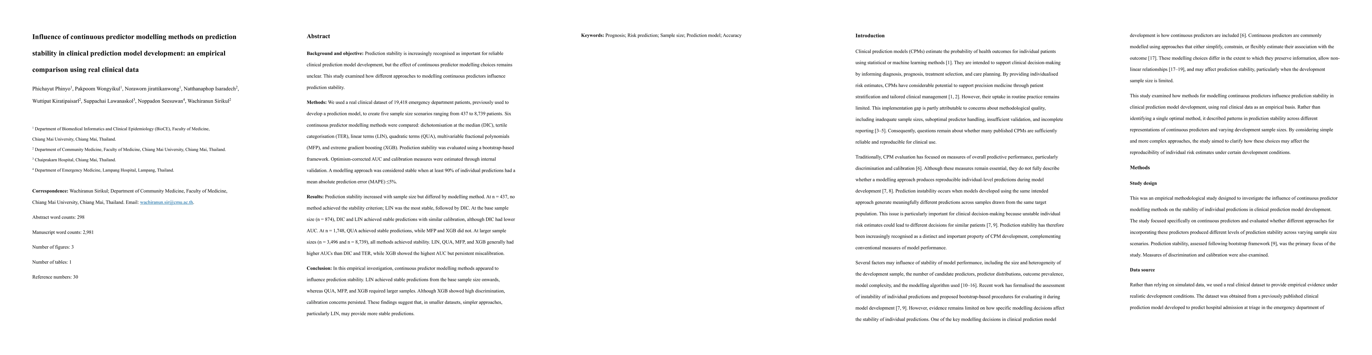 Thumbnail for Influence of continuous predictor modelling methods on prediction stability in clinical prediction model development: an empirical comparison using real clinical data