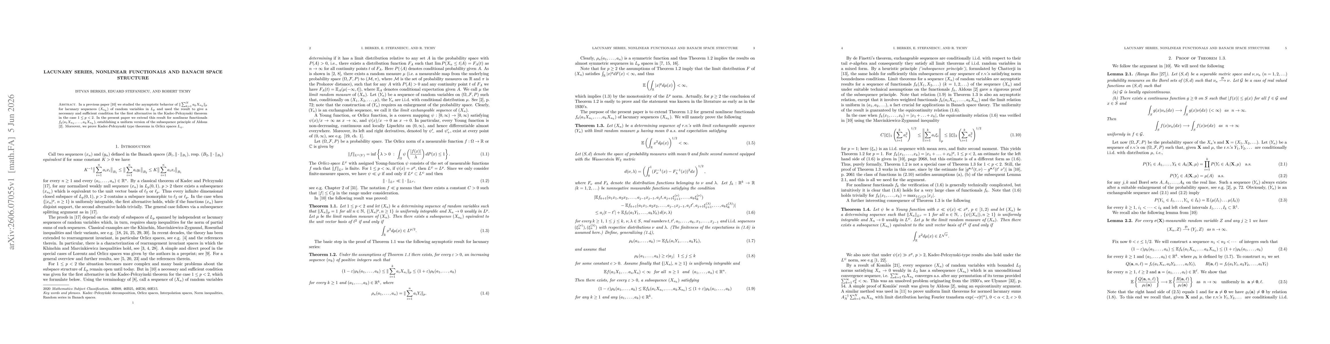 Thumbnail for Lacunary Series, Nonlinear Functionals and Banach Space Structure