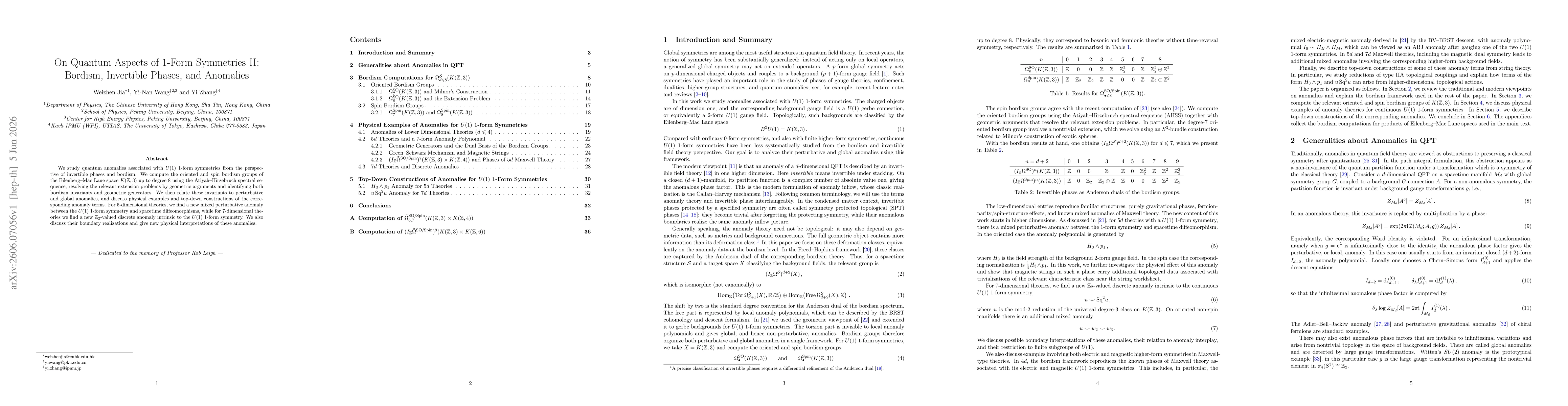 Thumbnail for On Quantum Aspects of 1-Form Symmetries II: Bordism, Invertible Phases, and Anomalies