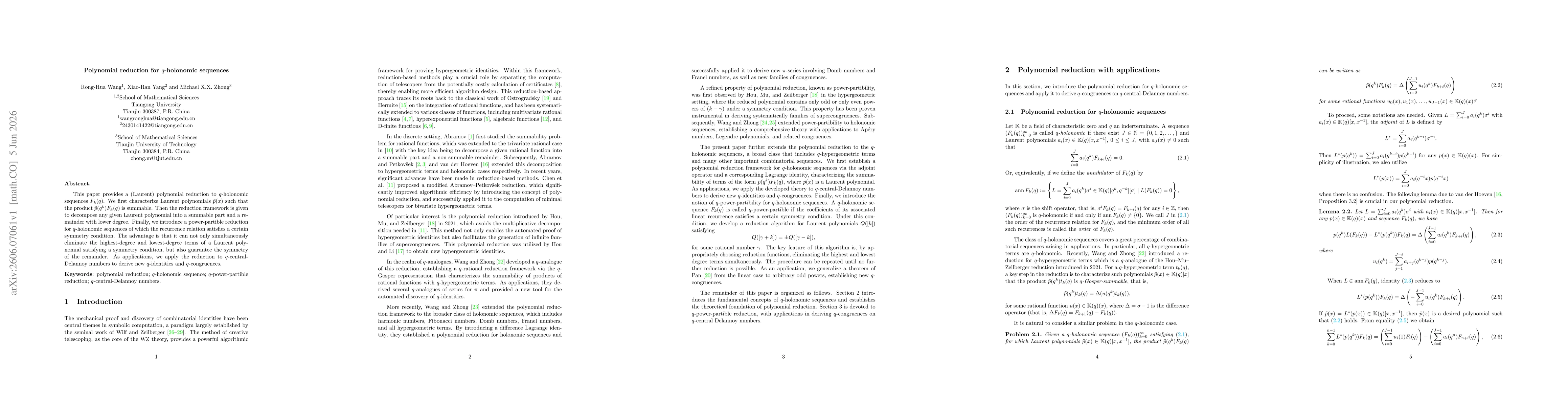 Thumbnail for Polynomial reduction for $q$-holonomic sequences