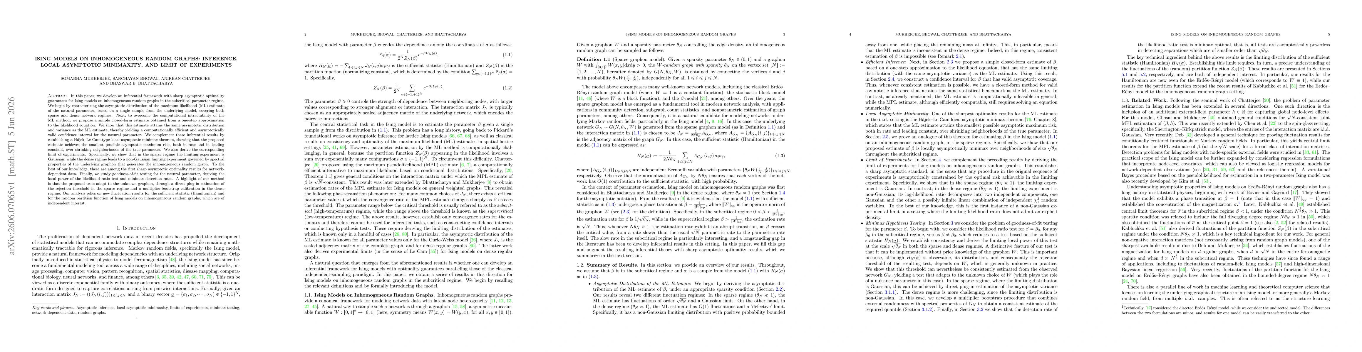 Thumbnail for Ising Models on Inhomogeneous Random Graphs: Inference, Local Asymptotic Minimaxity, and Limit of Experiments
