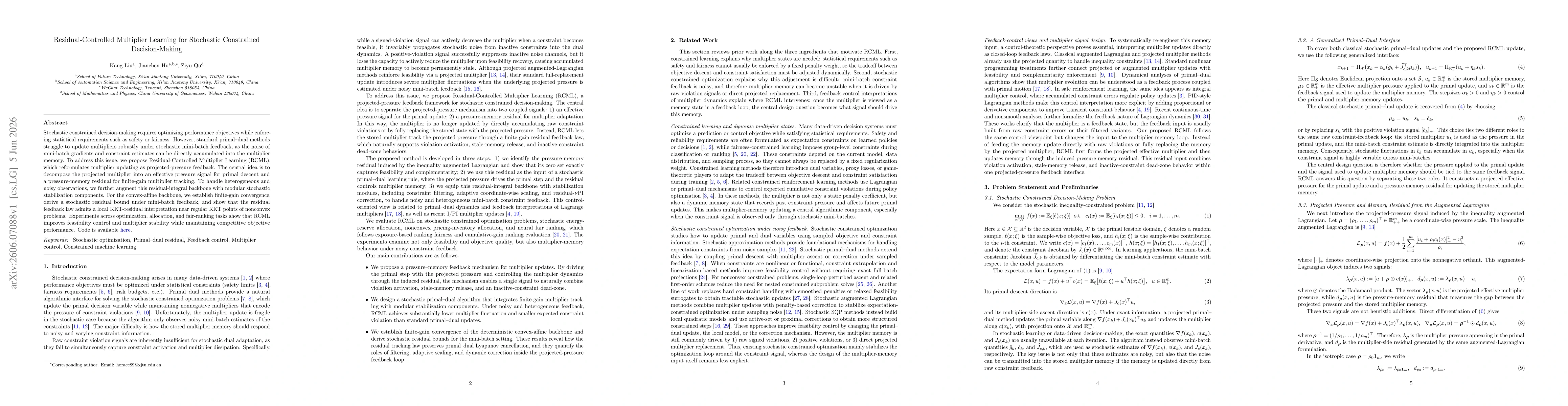 Thumbnail for Residual-Controlled Multiplier Learning for Stochastic Constrained Decision-Making