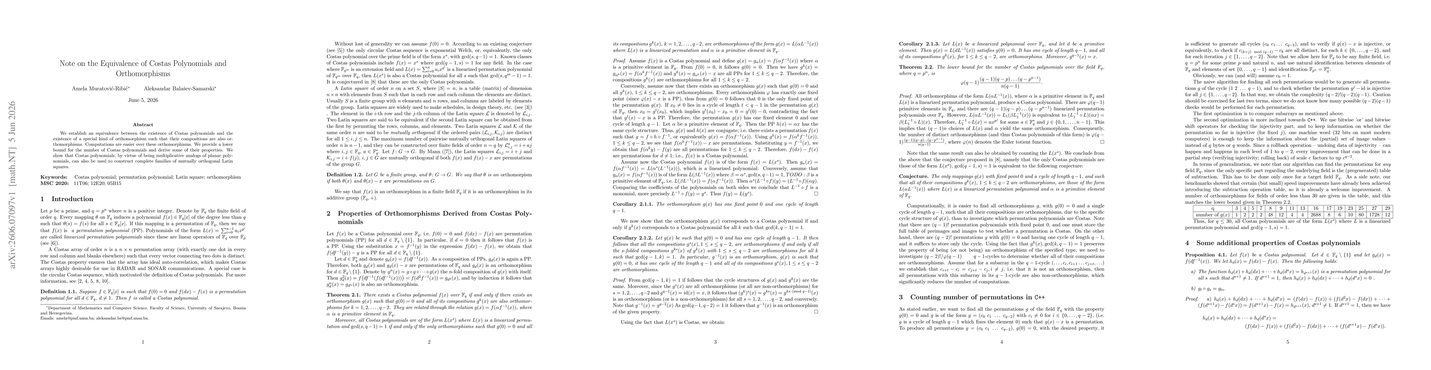 Thumbnail for Note on the Equivalence of Costas Polynomials and Orthomorphisms
