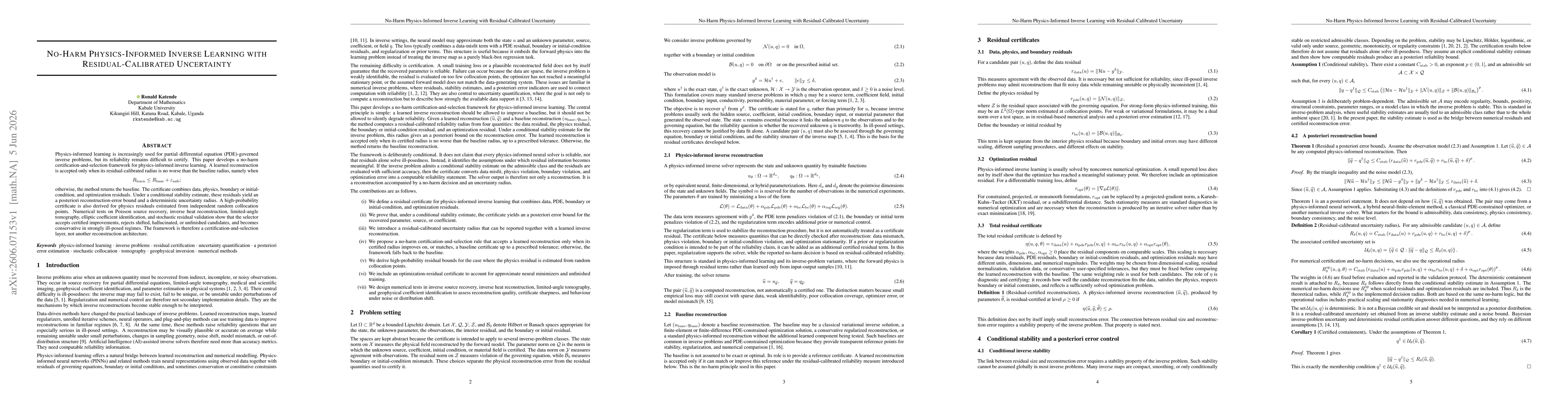 Thumbnail for No-Harm Physics-Informed Inverse Learning with Residual-Calibrated Uncertainty