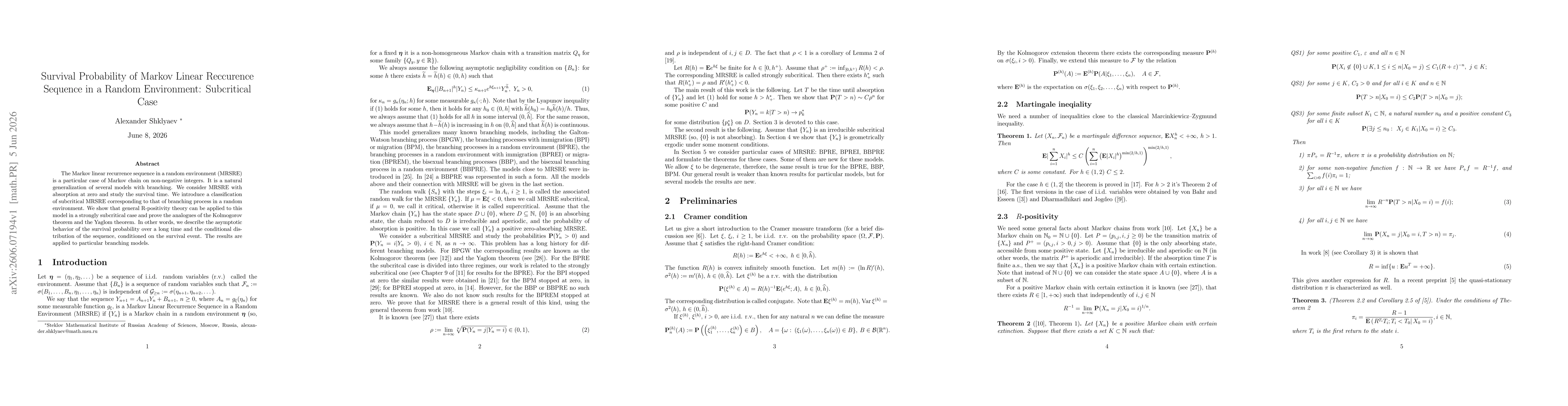 Thumbnail for Survival Probability of Markov Linear Reccurence Sequence in a Random Environment: Subcritical Case