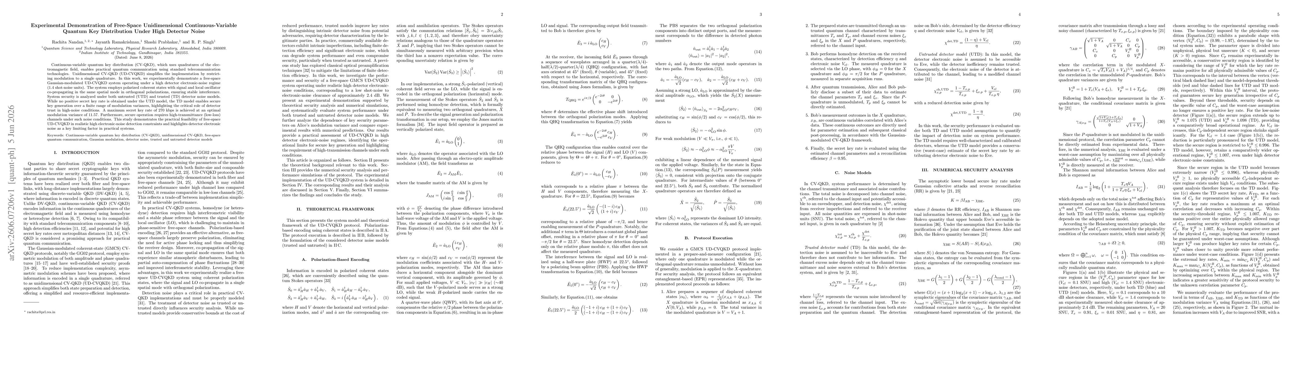 Thumbnail for Experimental Demonstration of Free-Space Unidimensional Continuous-Variable Quantum Key Distribution Under High Detector Noise