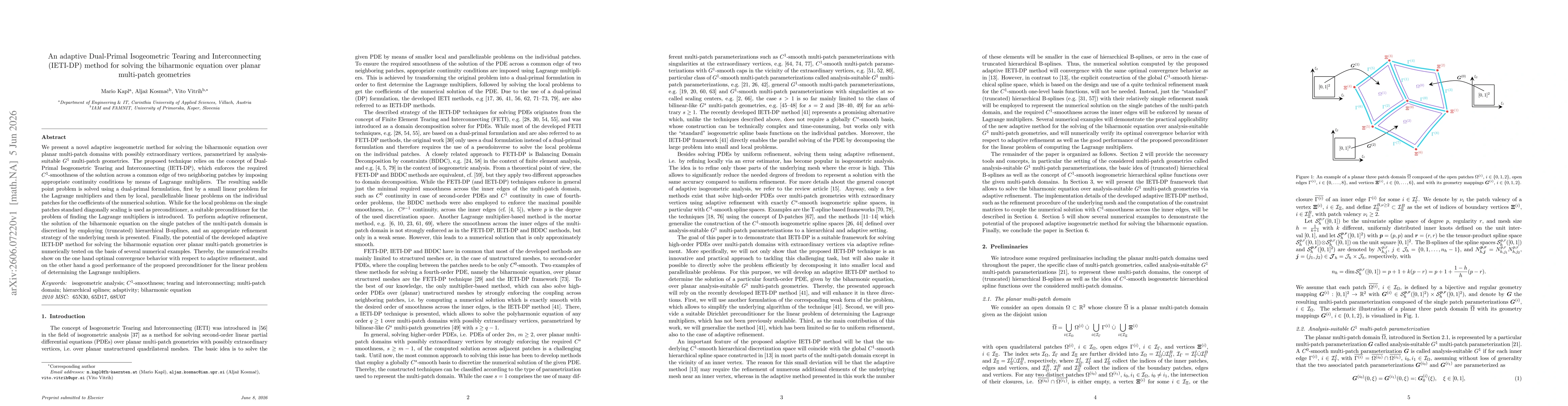 Thumbnail for An adaptive Dual-Primal Isogeometric Tearing and Interconnecting (IETI-DP) method for solving the biharmonic equation over planar multi-patch geometries