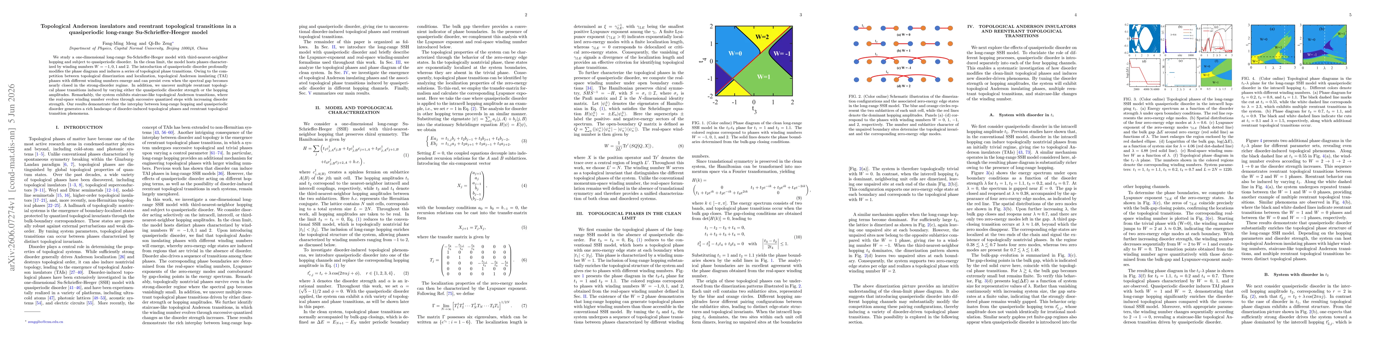 Thumbnail for Topological Anderson insulators and reentrant topological transitions in a quasiperiodic long-range Su-Schrieffer-Heeger model