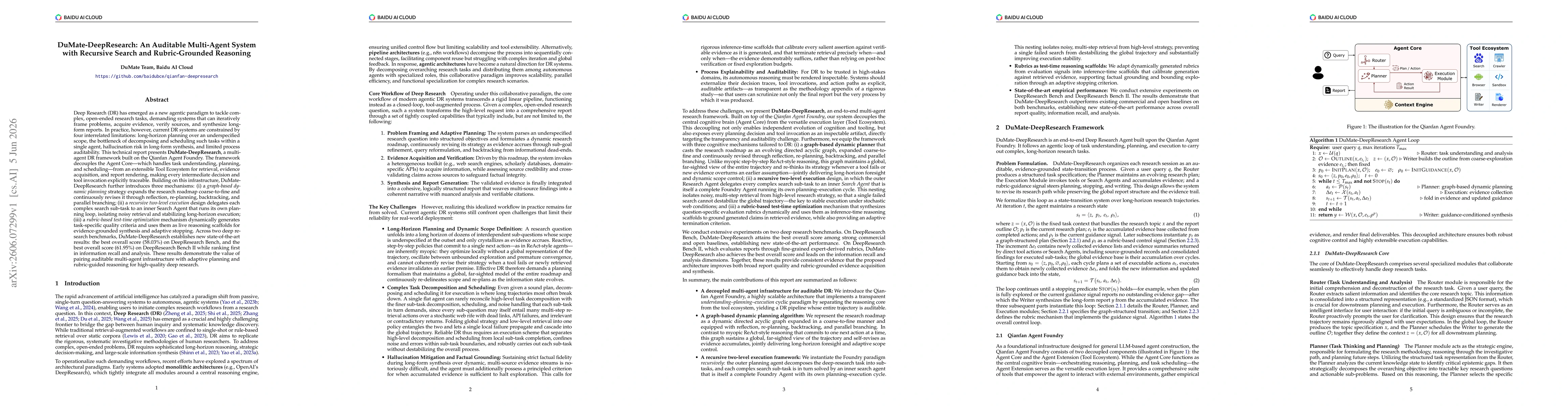 Thumbnail for DuMate-DeepResearch: An Auditable Multi-Agent System with Recursive Search and Rubric-Grounded Reasoning