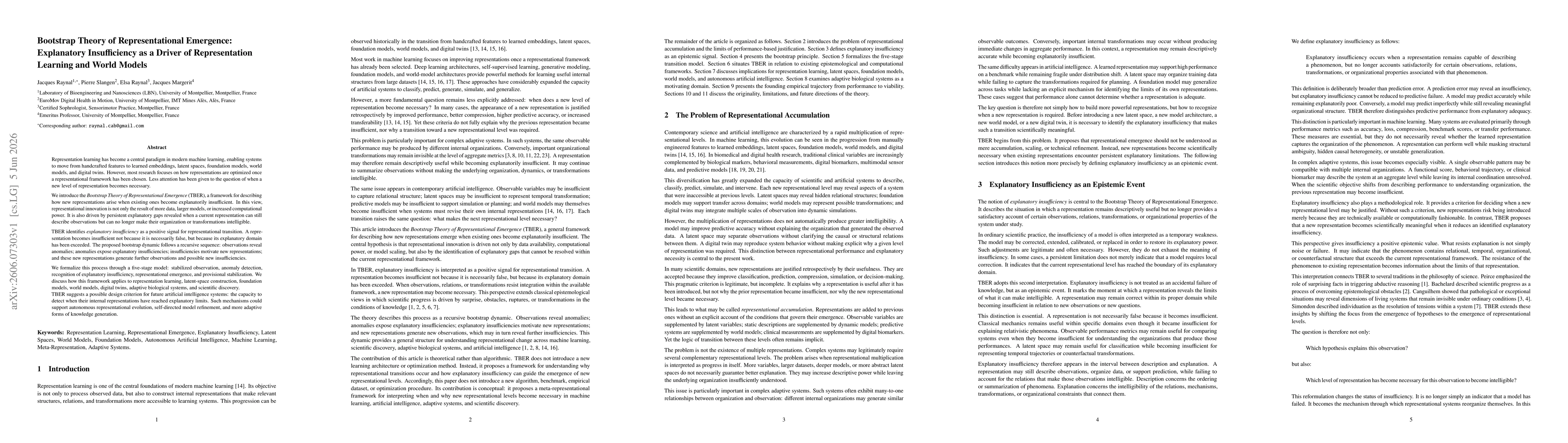 Thumbnail for Bootstrap Theory of Representational Emergence: Explanatory Insufficiency as a Driver of Representation Learning and World Models