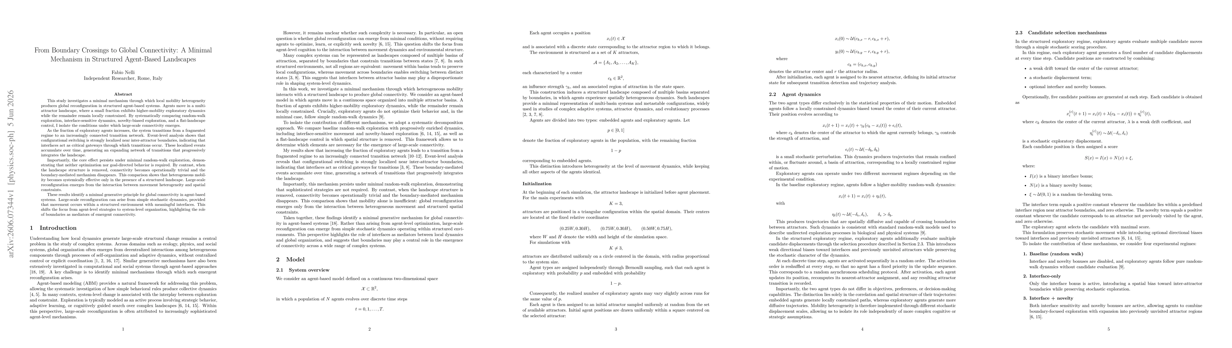 Thumbnail for From Boundary Crossings to Global Connectivity: A Minimal Mechanism in Structured Agent-Based Landscapes