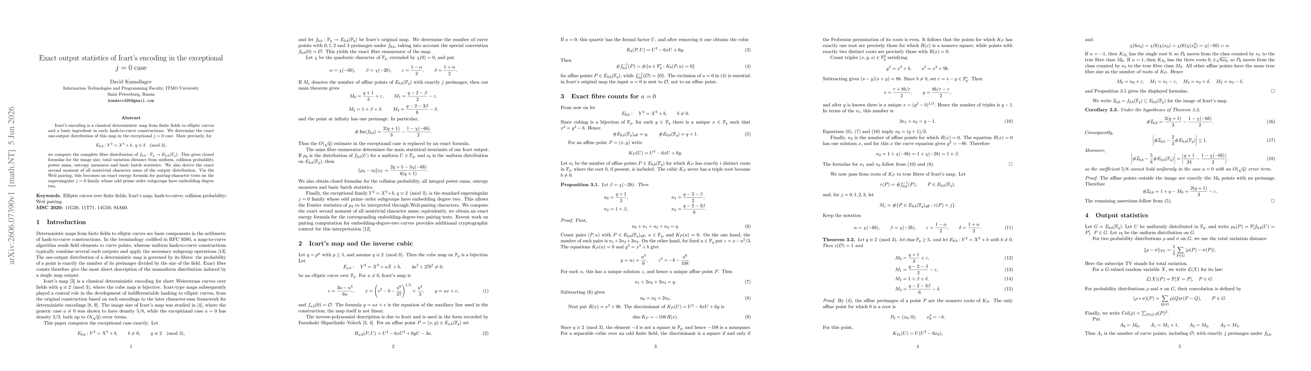Thumbnail for Exact output statistics of Icart's encoding in the exceptional \(j=0\) case