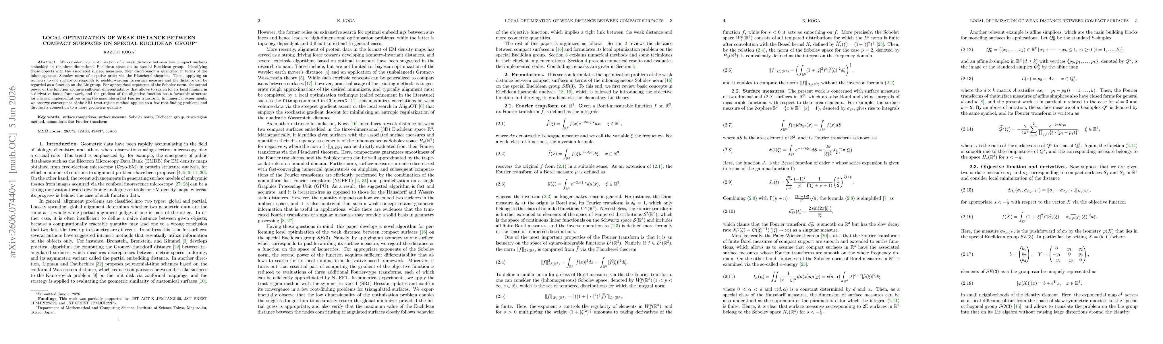 Thumbnail for Local optimization of weak distance between compact surfaces on special Euclidean group
