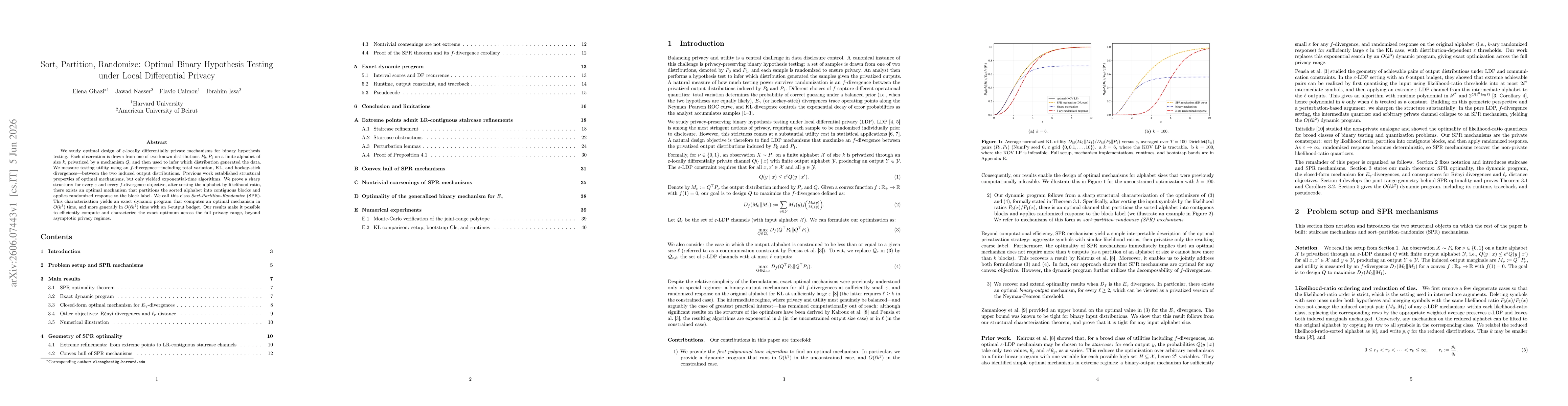 Thumbnail for Sort, Partition, Randomize: Optimal Binary Hypothesis Testing under Local Differential Privacy