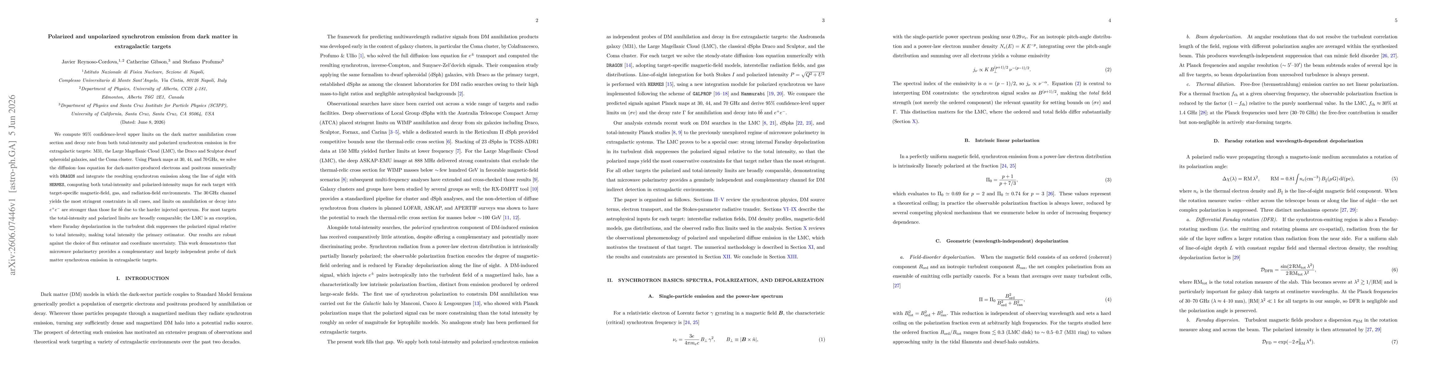 Thumbnail for Polarized and unpolarized synchrotron emission from dark matter in extragalactic targets