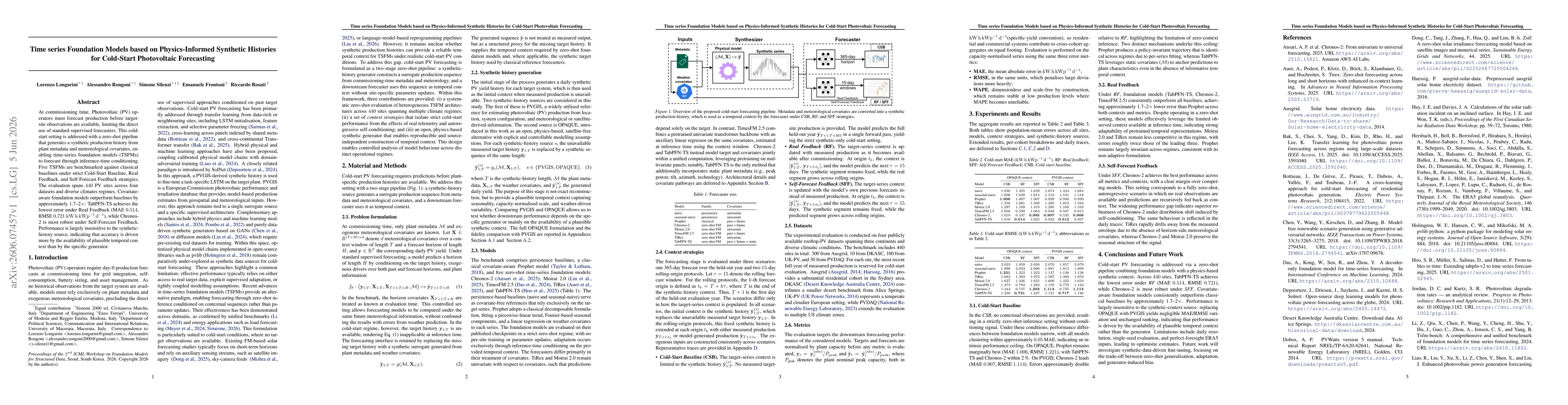 Thumbnail for Time series Foundation Models based on Physics-Informed Synthetic Histories for Cold-Start Photovoltaic Forecasting