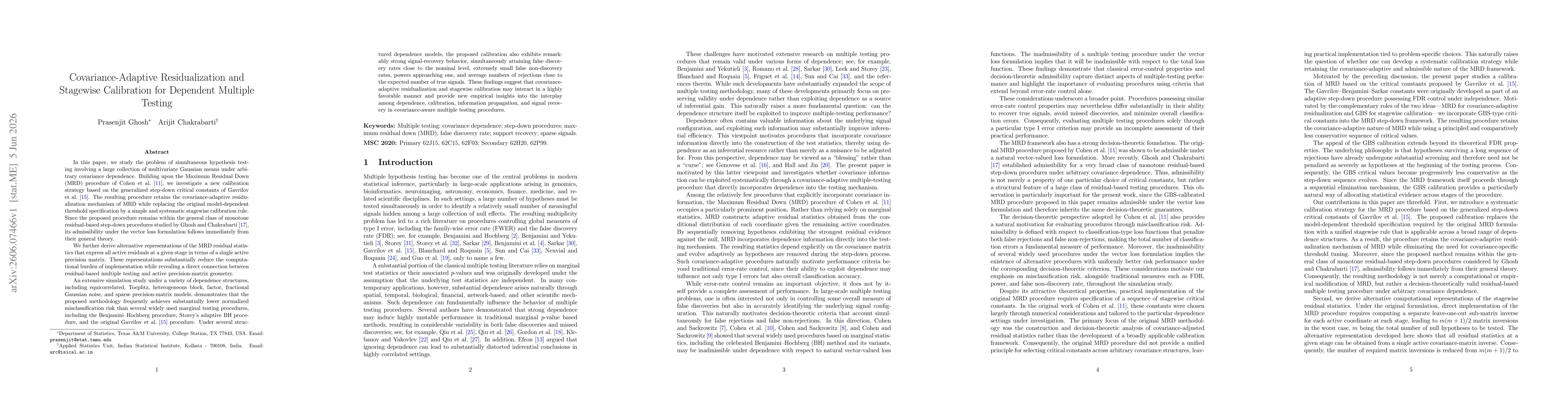 Thumbnail for Covariance-Adaptive Residualization and Stagewise Calibration for Dependent Multiple Testing