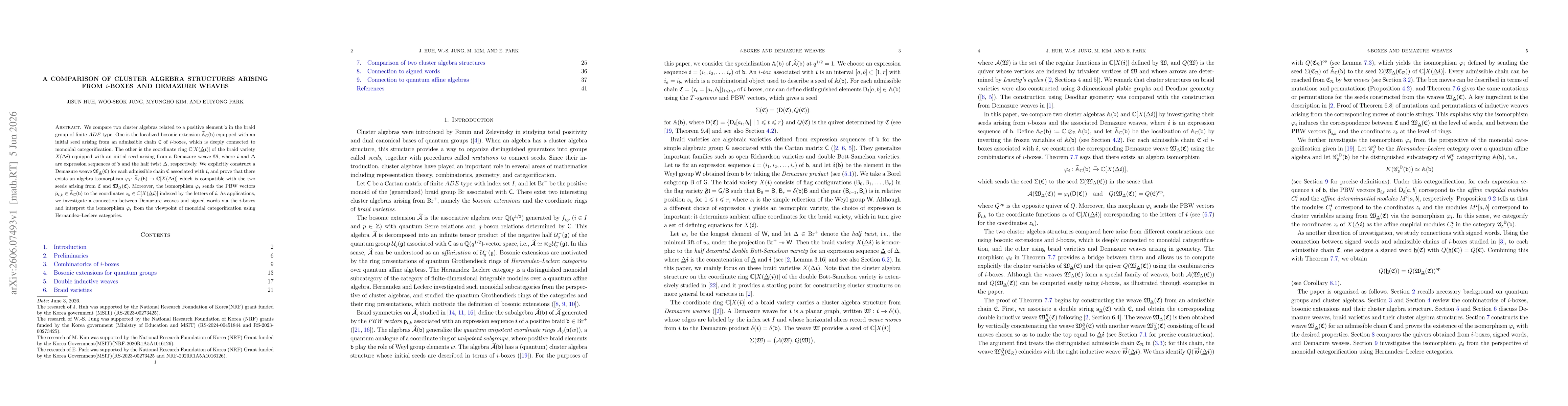 Thumbnail for A Comparison of cluster algebra structures arising from $i$-boxes and Demazure weaves