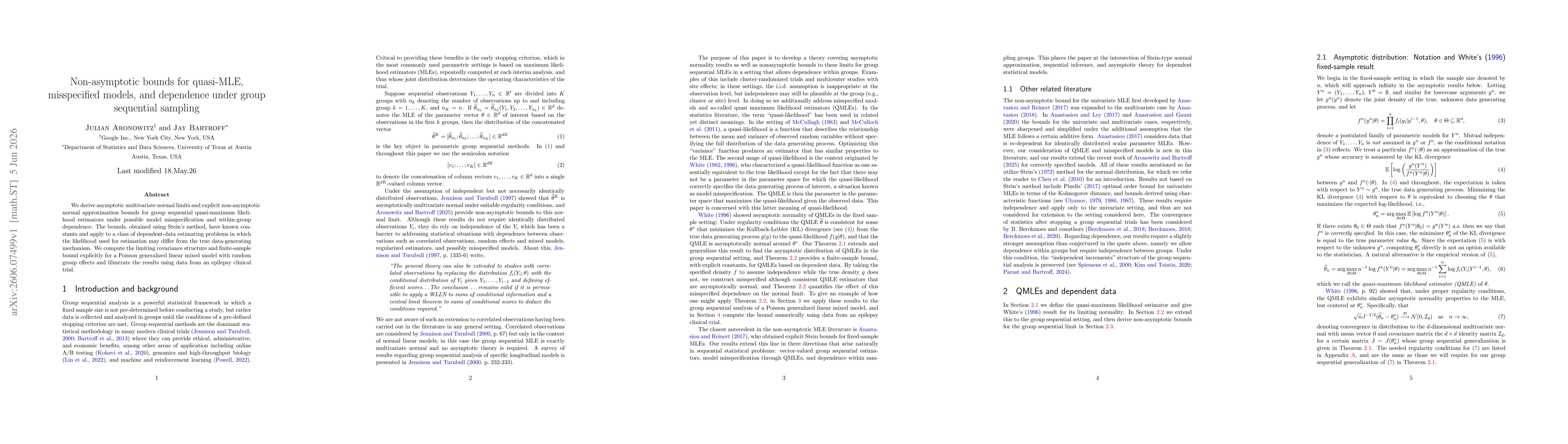 Thumbnail for Non-asymptotic bounds for quasi-MLE, misspecified models, and dependence under group sequential sampling