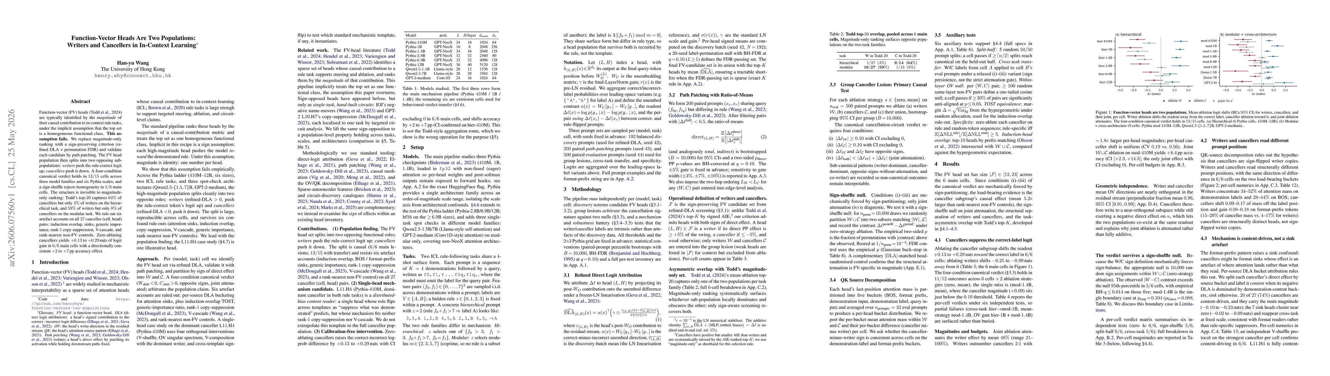Thumbnail for Function-Vector Heads Are Two Populations: Writers and Cancellers in In-Context Learning