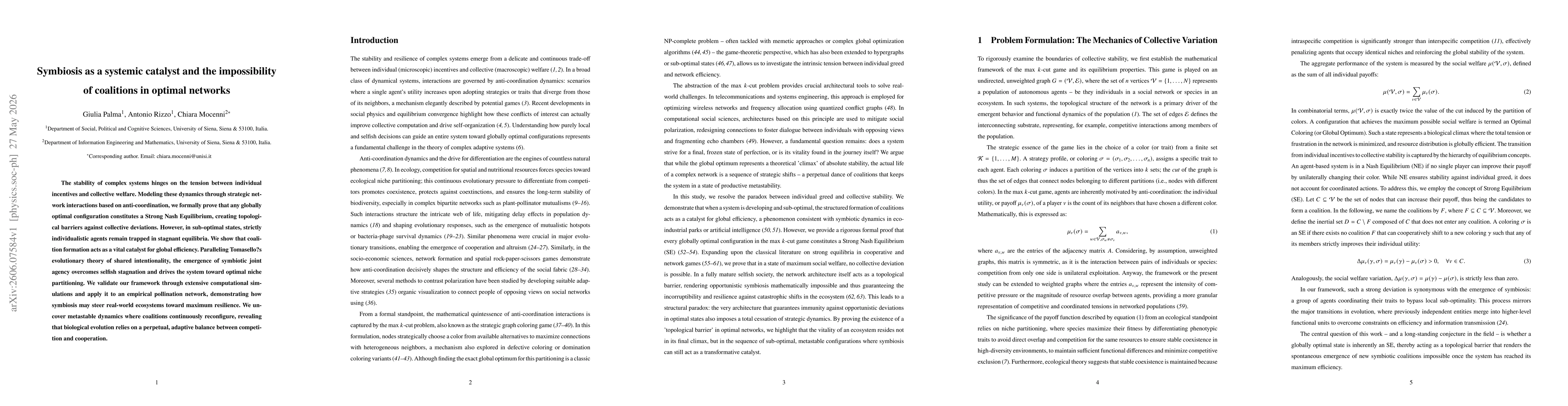 Thumbnail for Symbiosis as a systemic catalyst and the impossibility of coalitions in optimal networks