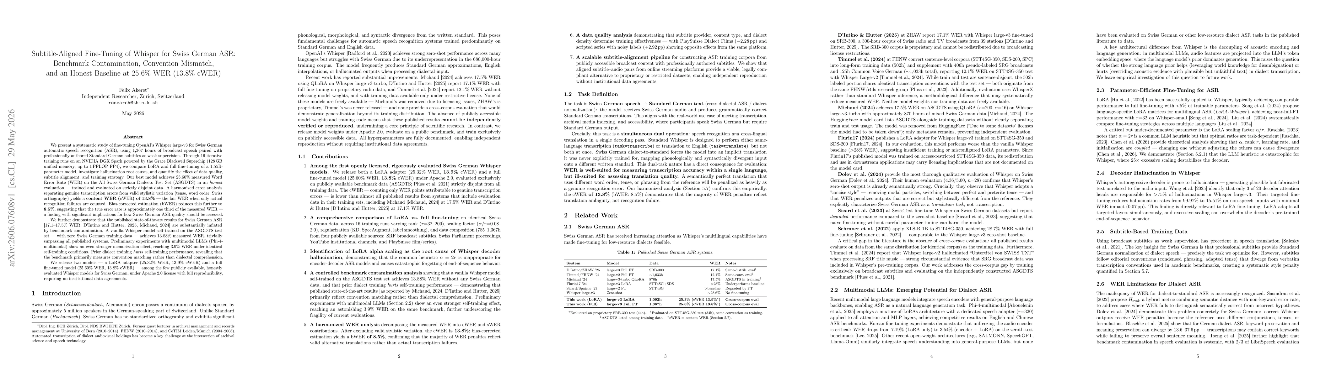 Thumbnail for Subtitle-Aligned Fine-Tuning of Whisper for Swiss German ASR: Benchmark Contamination, Convention Mismatch, and an Honest Baseline at 25.6% WER (13.8% cWER)