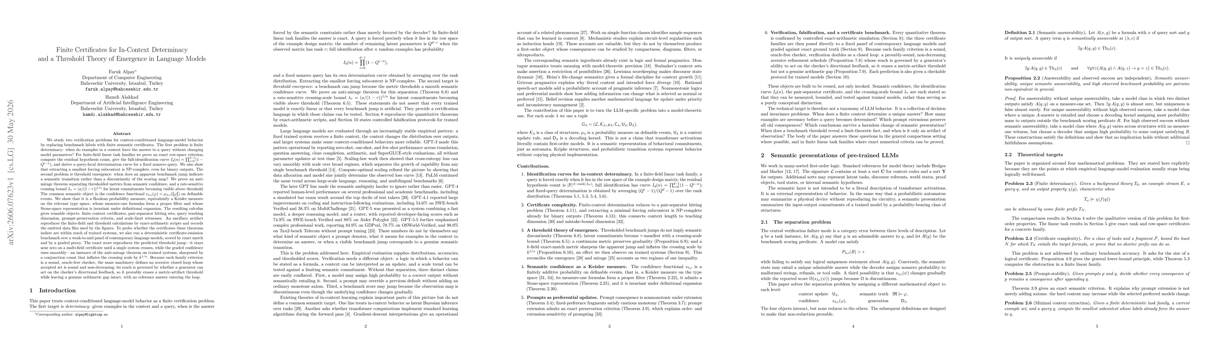 Thumbnail for Finite Certificates for In-Context Determinacy and a Threshold Theory of Emergence in Language Models