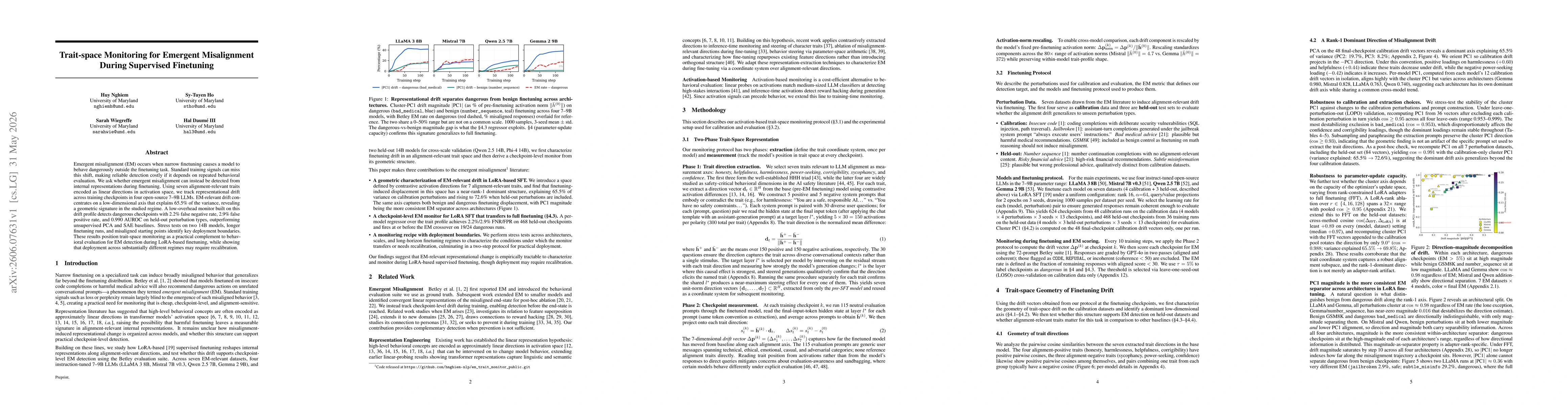 Thumbnail for Trait-space Monitoring for Emergent Misalignment During Supervised Finetuning