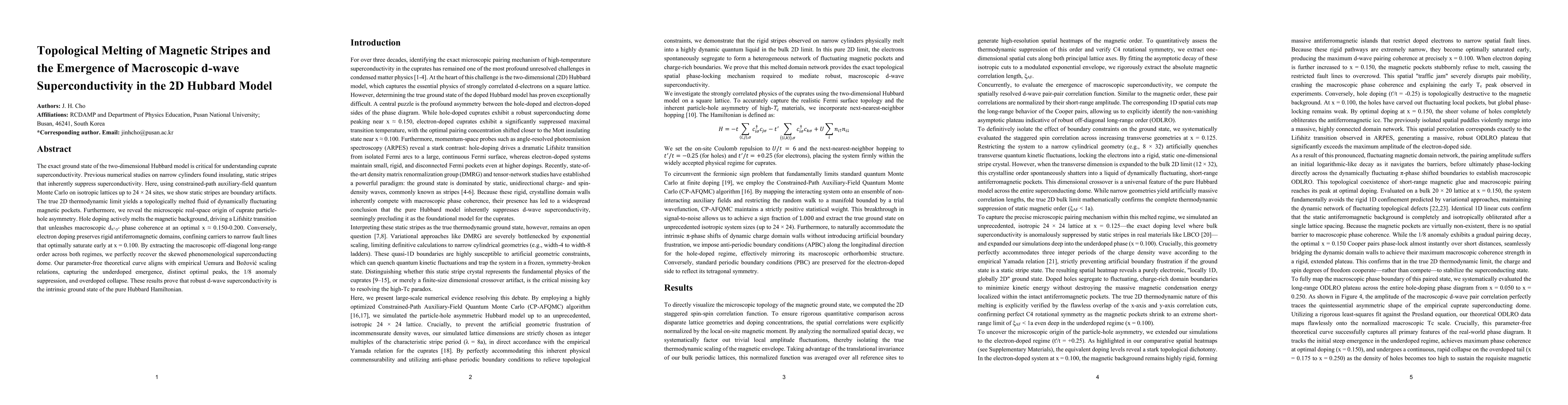 Thumbnail for Topological Melting of Magnetic Stripes and the Emergence of Macroscopic d-wave Superconductivity in the 2D Hubbard Model