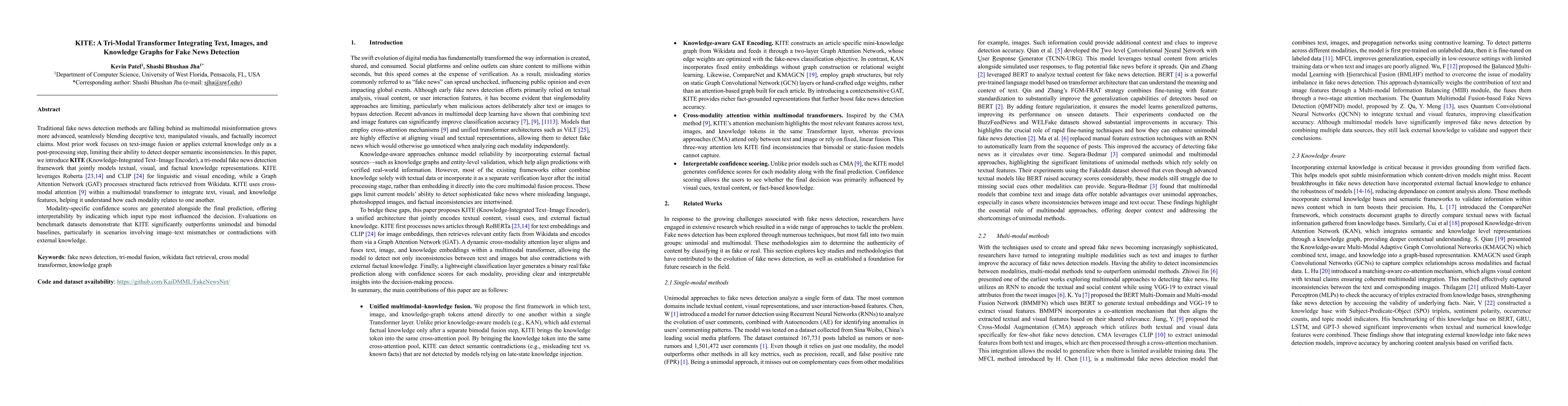 Thumbnail for KITE: A Tri-Modal Transformer Integrating Text, Images, and Knowledge Graphs for Fake News Detection