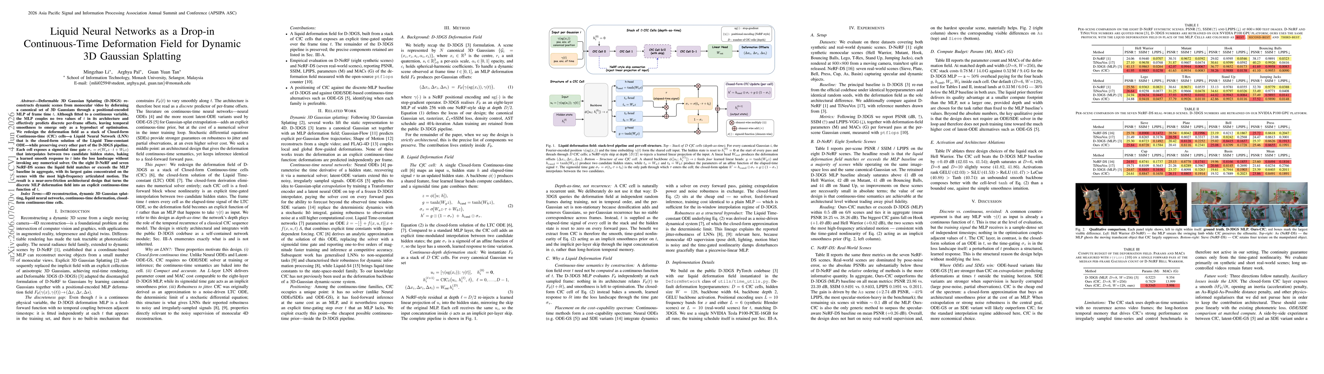 Thumbnail for Liquid Neural Networks as a Drop-in Continuous-Time Deformation Field for Dynamic 3D Gaussian Splatting
